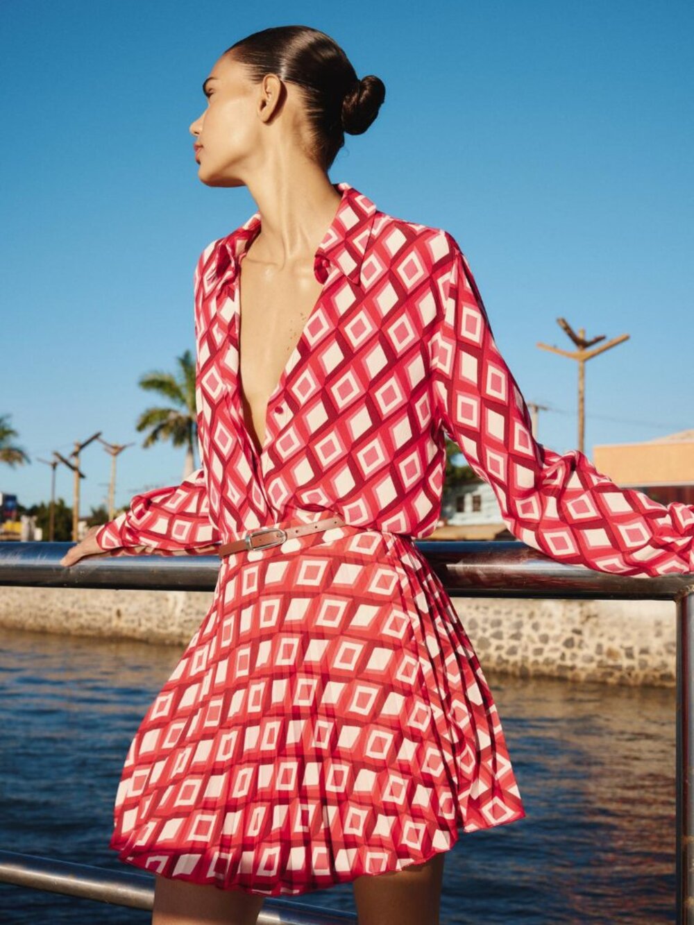 Zara Geometric Print Pleated Mini Skirt w Belt XS High Waist Zip NWT Summer